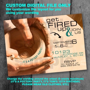 POTTERY, craft, art or design class or party invitation, clay pottery adult or child class or party, Custom Digital file only, you print