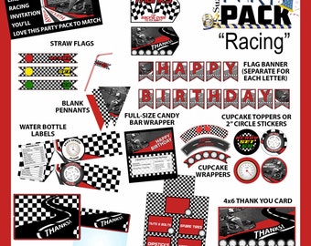 Go Kart Racing Party Pack, INSTANT DOWNLOAD, party accessories for racing theme party. Banner, thank you card, bottle labels, etc. You Print