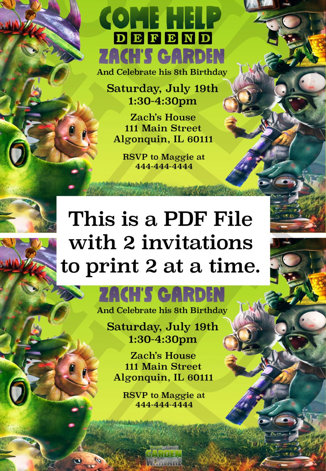 A "plants VS Zombies Garden Warfare" Kid's Birthday Party Invitation ...
