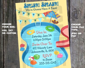 Könnte beinhalten: Eine gelbe und blaue Poolparty-Einladung mit einem Cartoon-Pool, einer Rutsche und einem Rettungsschwimmerstuhl. Der Text lautet "Splash! Splash! We're Gonna Have A Bash!" und enthält Details für eine Poolparty am 5. Juni von 13:00 bis 15:00 Uhr. Die Einladung enthält auch die Adresse, RSVP-Informationen und einen Hinweis, dass Mittagessen serviert wird.