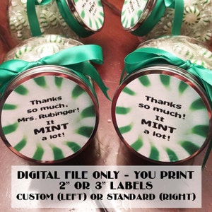 Aanpasbare "It MINT a lot" 2" of 3" Bedankt labels (je drukt af), "standaard" zeggen, zeggen met aangepaste naam of volledig aangepast bericht