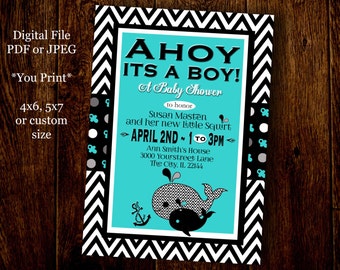 AHOY, it's a BOY ~ Whale Baby Shower Invitation, Baby Boy Shower Invitation, Nautical Baby Shower Invitation, Custom Digital File, DIY Print