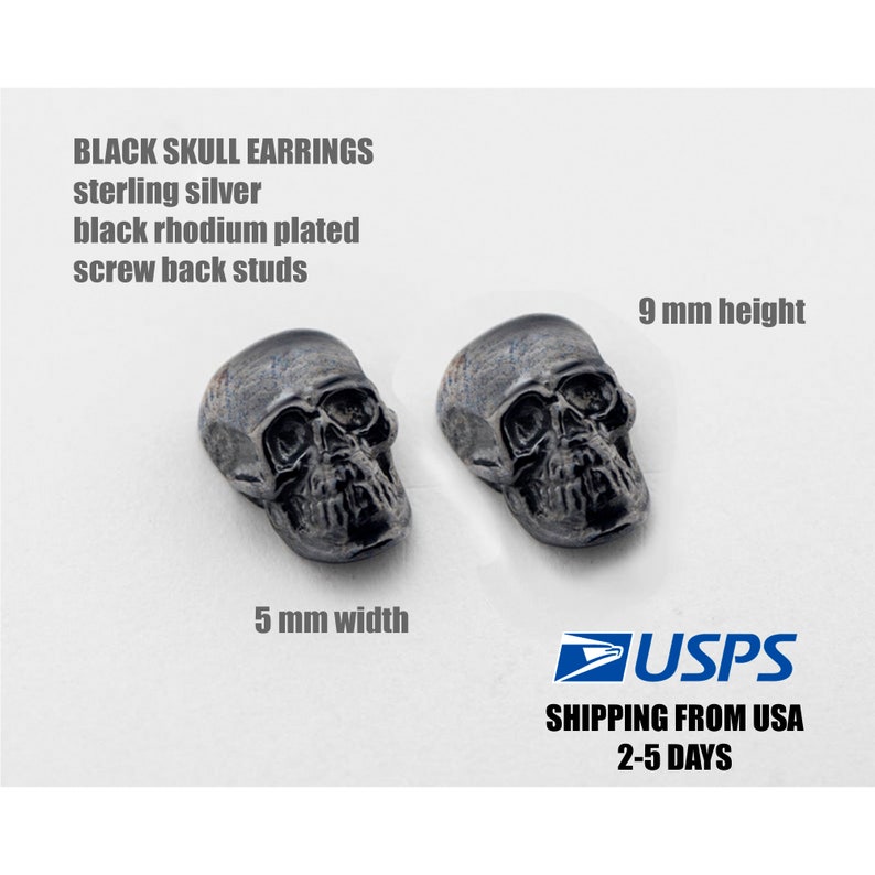 Skull earrings sterling silver black rhodium plated Small stud earrings screw back Fast shipping from USA