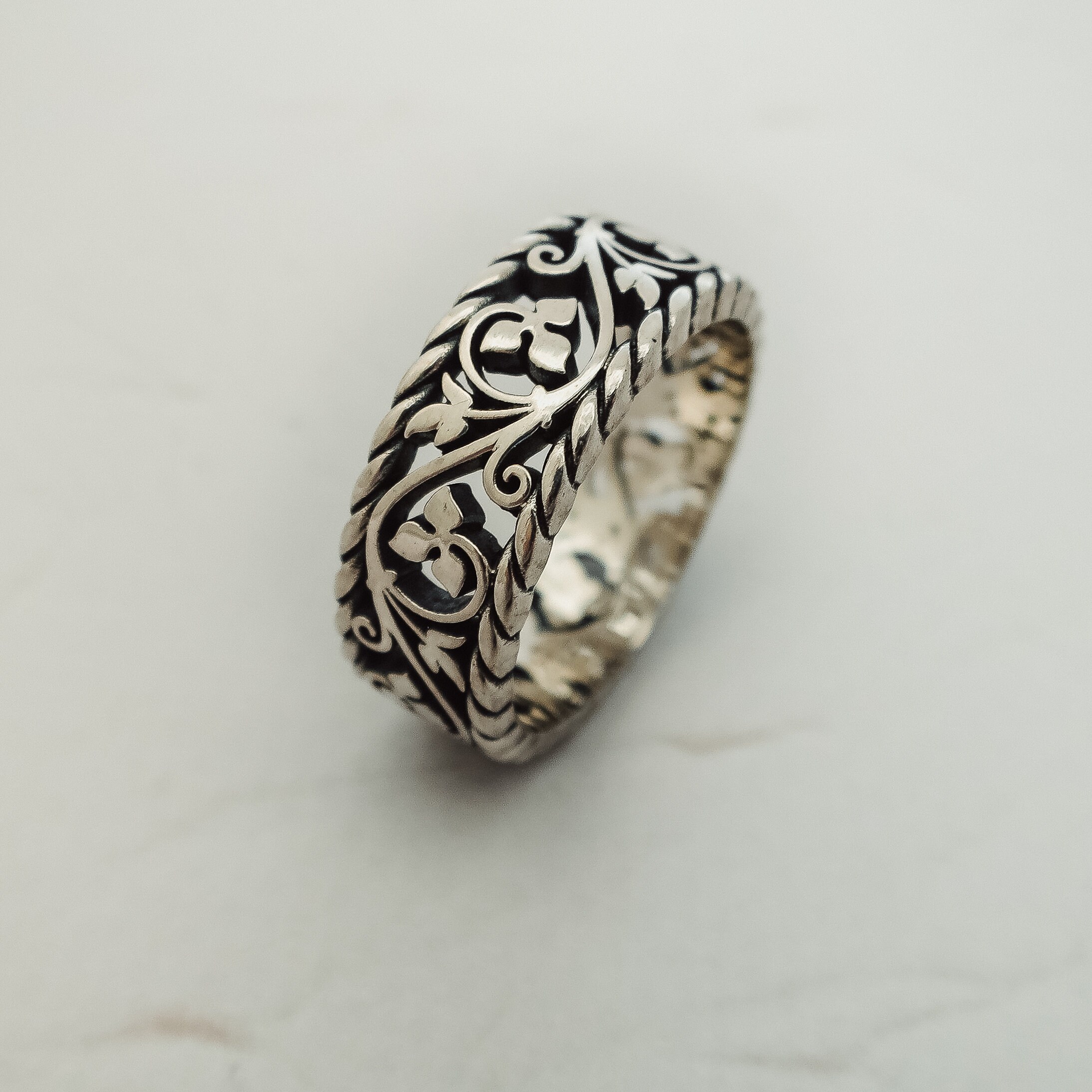 Floral wedding bands vintage ornament. Wedding ring sterling | Etsy