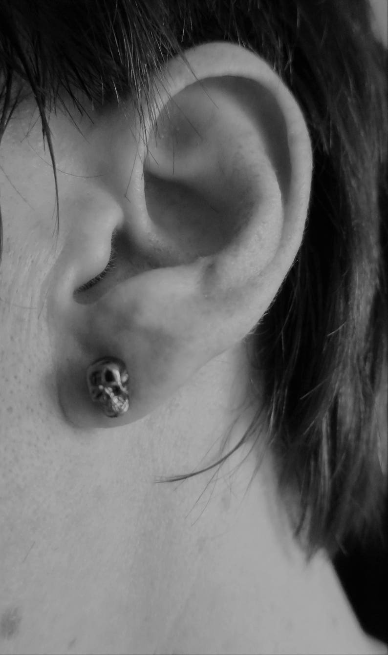 Skull earrings sterling silver black rhodium plated Small stud earrings screw back Fast shipping from USA