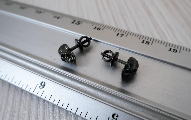 Skull earrings sterling silver black rhodium plated Small stud earrings screw back Fast shipping from USA