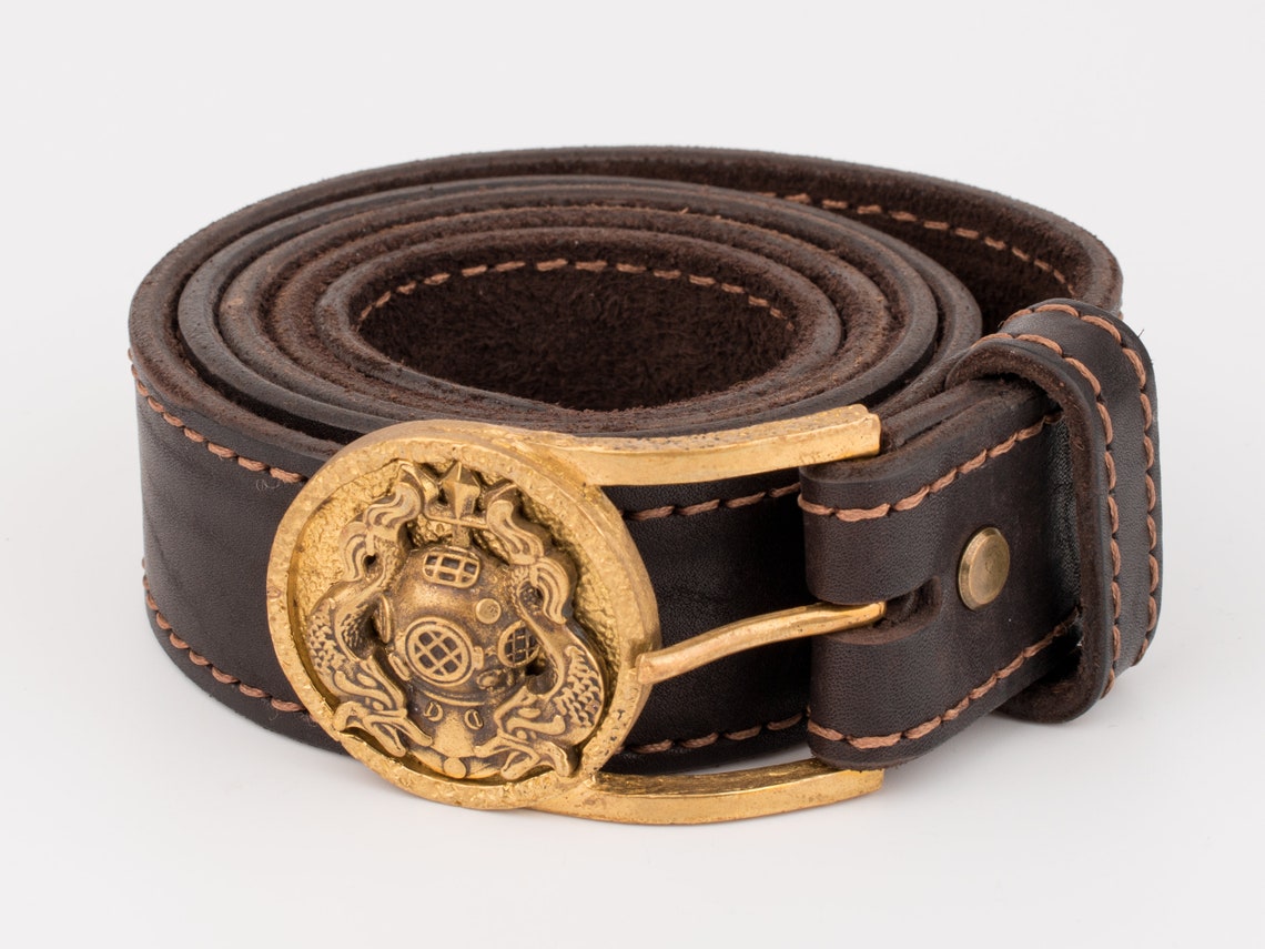 Belt Buckle Master Diver Brass Natural Leather Belt Mens Gift. | Etsy