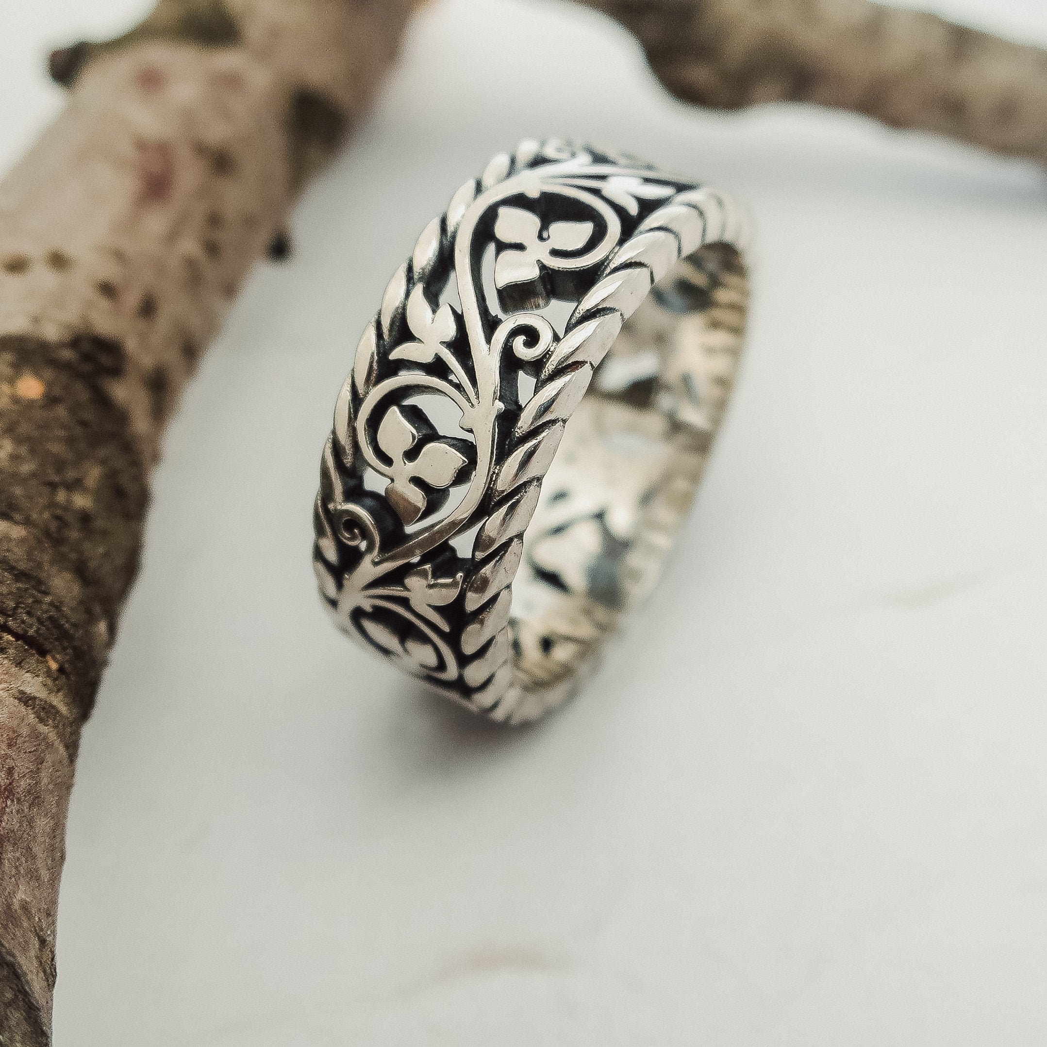 Floral wedding bands vintage ornament. Wedding ring sterling Etsy