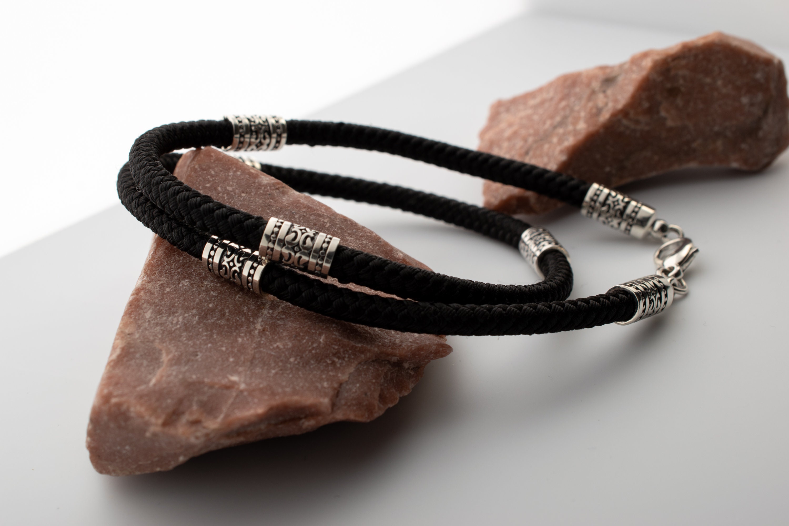 Mens necklace black 5 mm synthetic cord with beads sterling Etsy