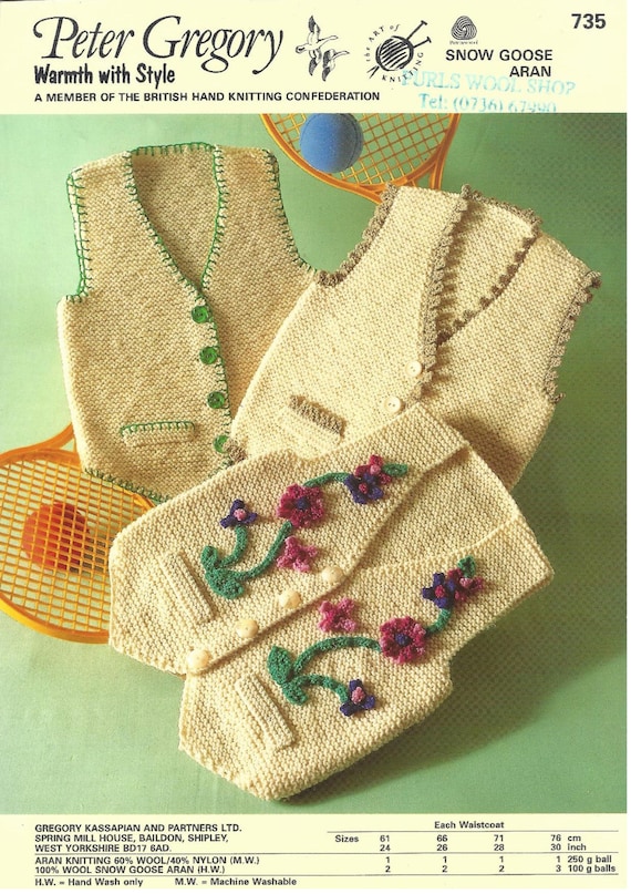 Aran Garter Stitch Waistcoat for Boy or Girl Size 24inch to 30in 