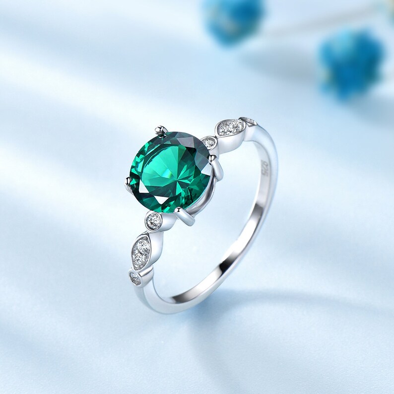 Created Emerald Engagement Ring Sterling Silver Women by - Etsy