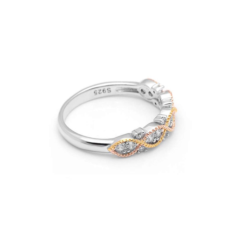 Ginger Lyne Collection Courtney Rope Design Three Tone Gold Rose Gold Over Sterling Silver CZ Anniversary Wedding Bridal Band Ring