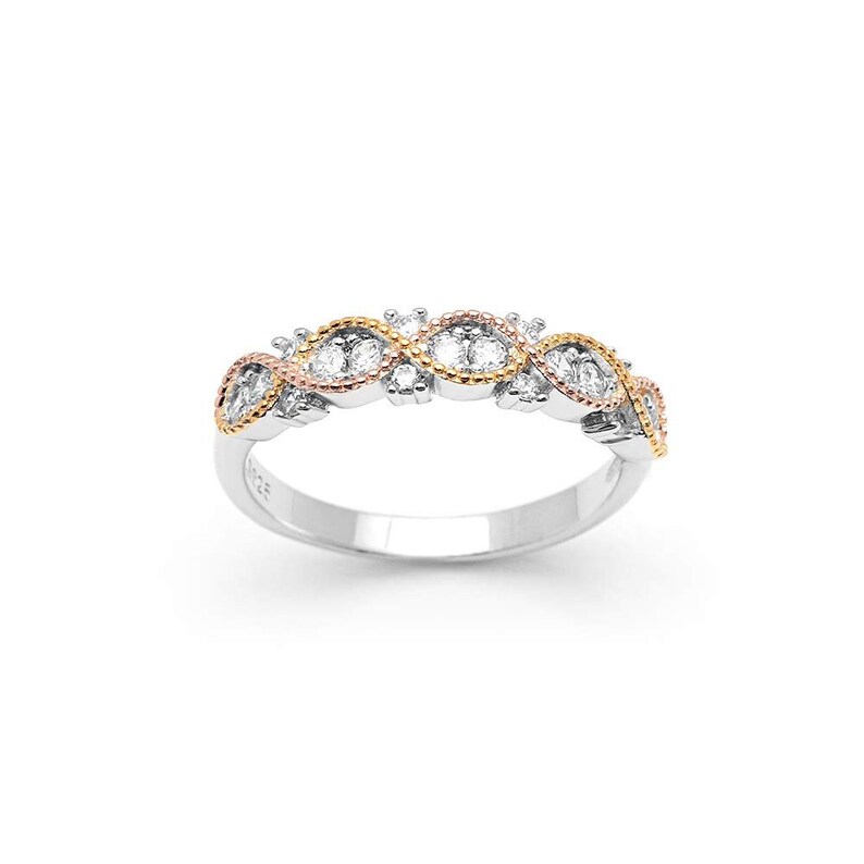 Ginger Lyne Collection Courtney Rope Design Three Tone Gold Rose Gold Over Sterling Silver CZ Anniversary Wedding Bridal Band Ring
