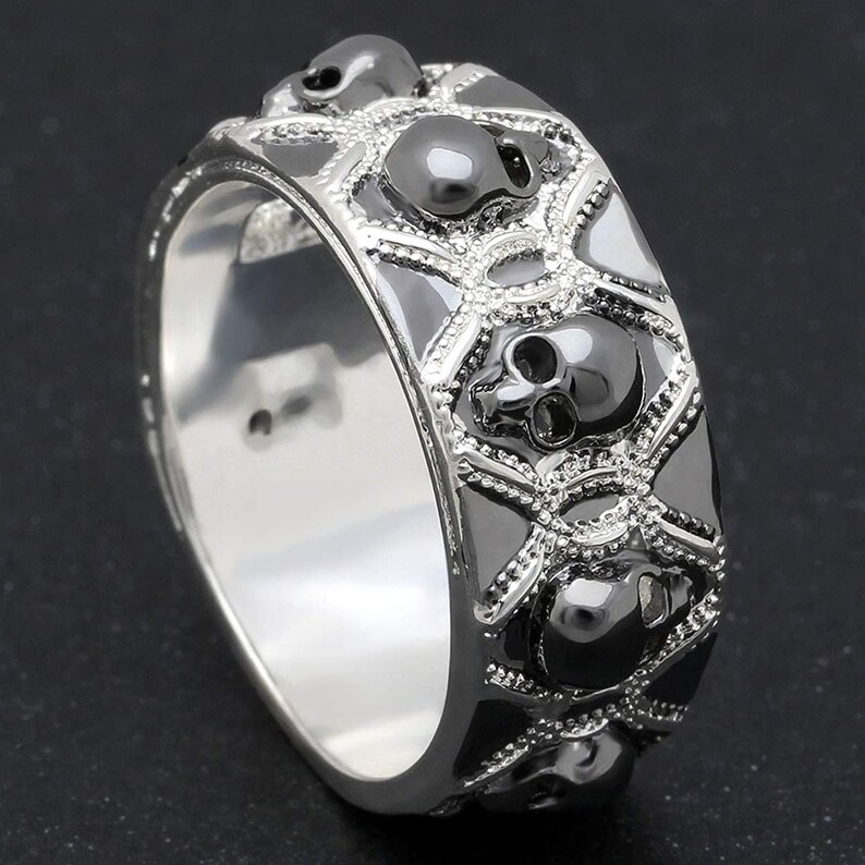 Skulls Wedding Band Ring Black Goth Punk Biker Mens Womens