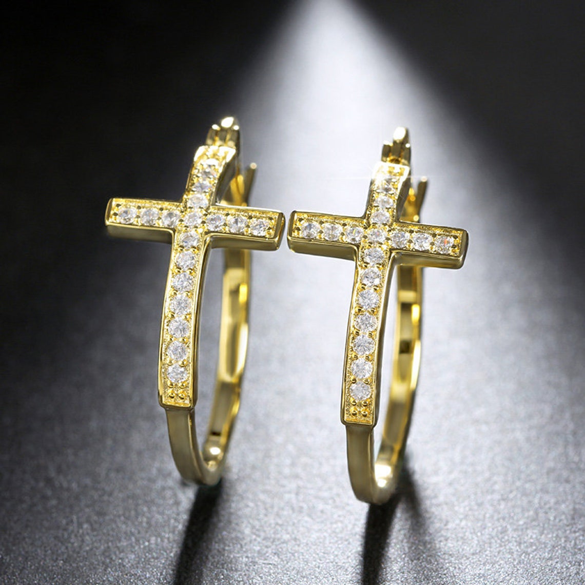 Cross Hoop Earrings Religious Jesus Cubic Zirconia Womens Etsy