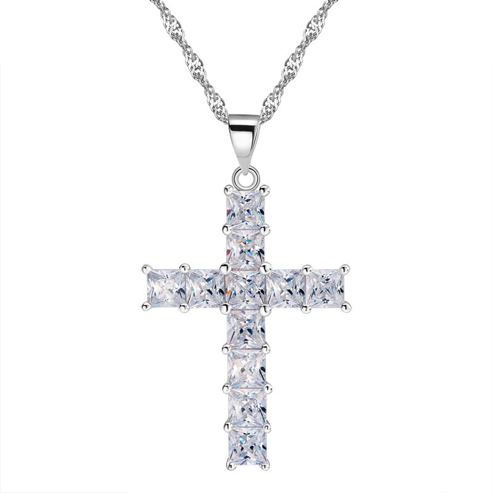 Religious Cross Pendant Necklace Princess Cut CZ Womens Ginger Etsy