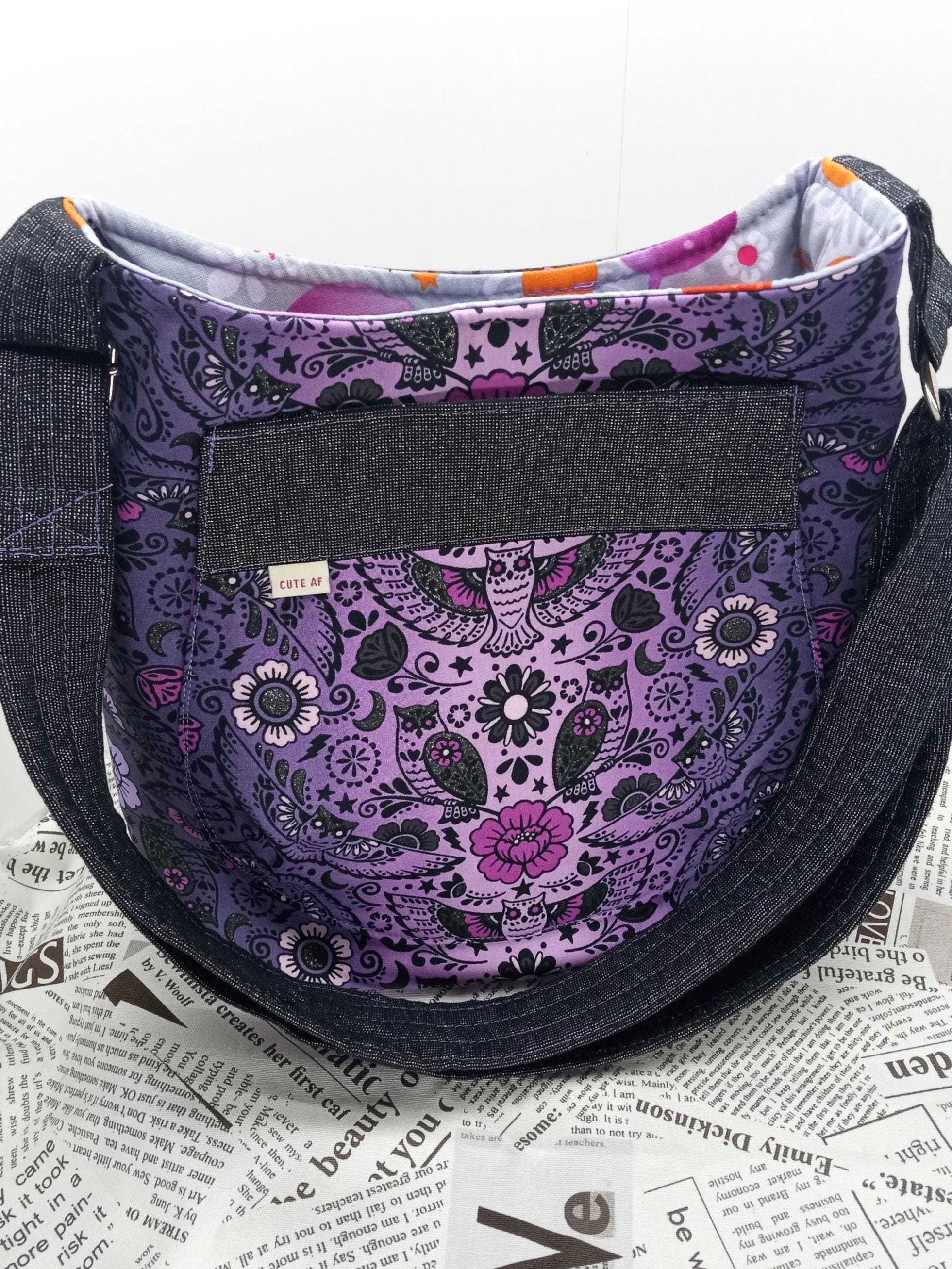 Halloween purple owl crossbody bag, adjustable strap, Essex metallic linen, bucket bag