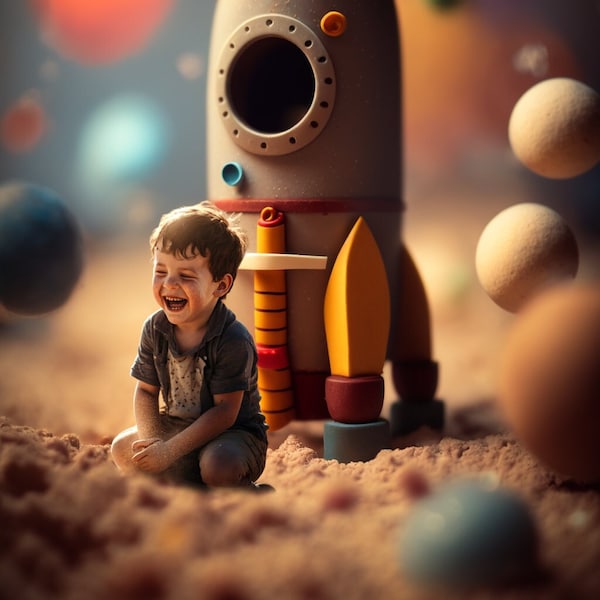 Fantasy Adventure: Explore Space with Miniature Toy Rockets Digital Backdrop for Kids