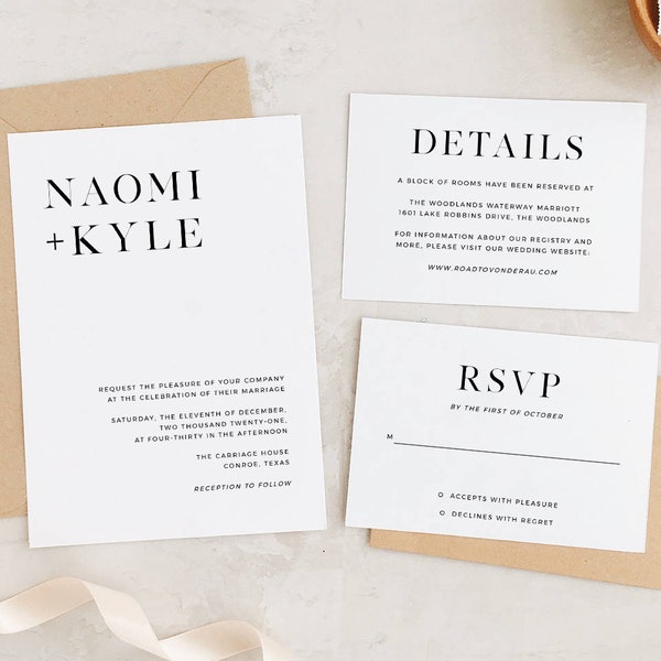 Modern Wedding Invitation Suite, Minimal Wedding Invitation Set with Detail and RSVP Cards, Fully Editable with Templett, Instant Download