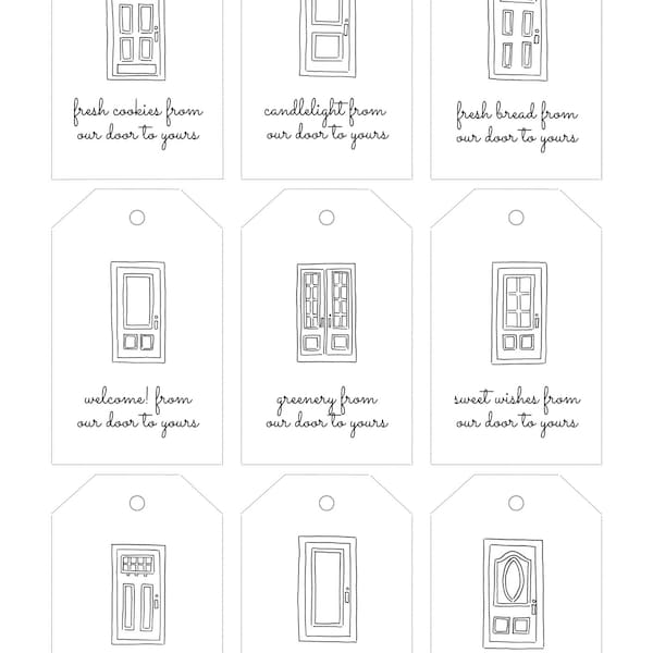 Gift Basket Housewarming Tags for New Home "From Our Door to Yours" 9 Original Hand Drawn Doors