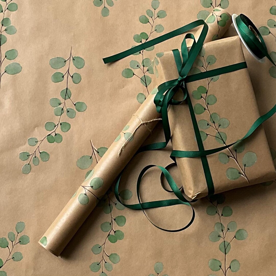Christmas Kraft Brown Recyclable Wrapping Paper eucalyptus Leaves Green