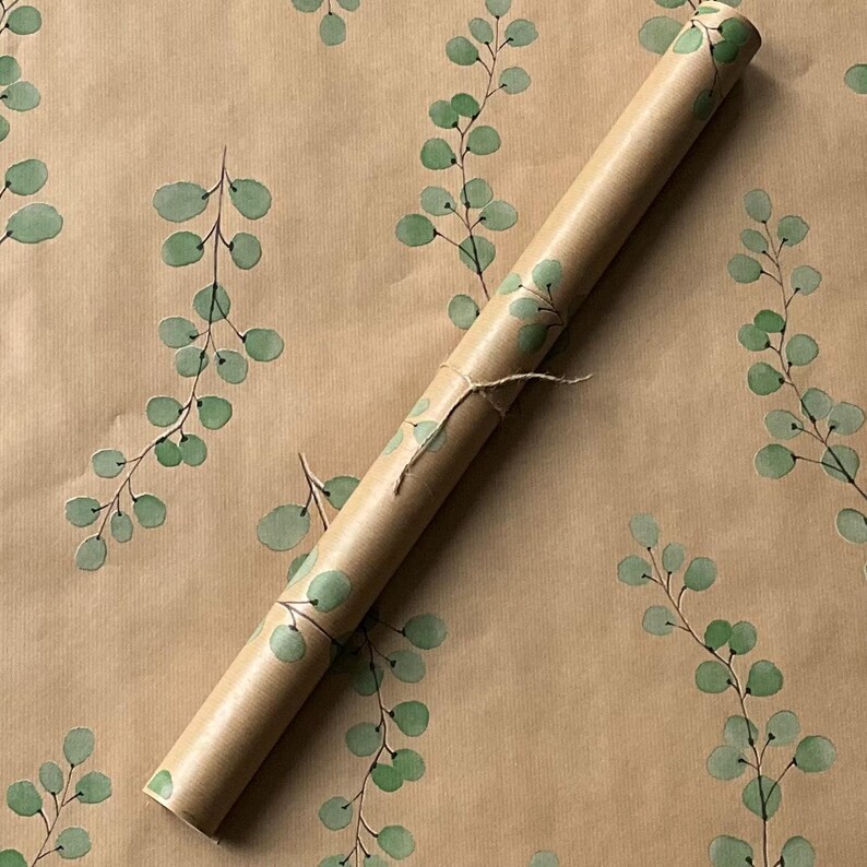 Christmas Kraft Brown Recyclable Wrapping Paper eucalyptus Leaves Green
