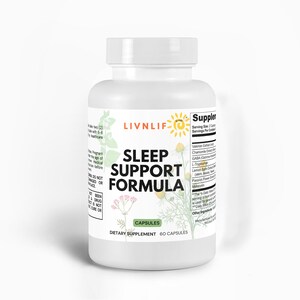 May include: A white plastic bottle of LIVNLIF Sleep Support Formula dietary supplement capsules. The label features a yellow sun logo, botanical illustrations of chamomile and herbs, and lists ingredients including valerian and melatonin.