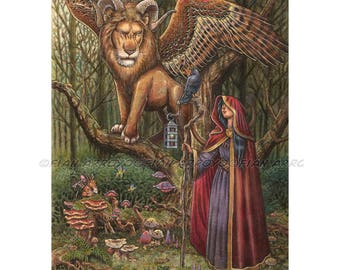 May include: A woman in a red hooded robe stands in a forest with a staff in her hand. She is looking at a large, winged lion with a brown and black spotted body. The lion is standing on a tree branch. The forest is filled with green foliage and mushrooms.