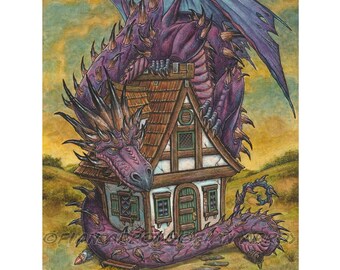 May include: A fantasy illustration depicts a purple dragon perched atop a quaint cottage. The dragon's wings are a mix of purple and blue, and its body is covered in spikes. The cottage has a brown tiled roof, green shutters, and a stone pathway leading to the door.