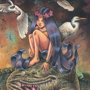Idalia-FANTASY, Pop Surrealism, PRINCESS, Crocodile, Archival, Signed, Titled 11&quot;x14&quot; Fine Art PRINT by Fian Arroyo-Unframed