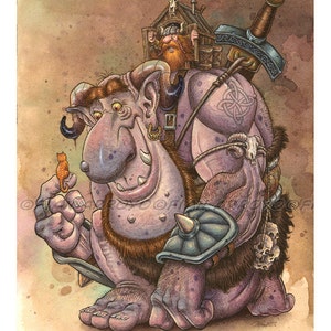 A Tiny Distraction-FANTASY, Pop Surrealism, Lowbrow, Signed, Titled Fine Art PRINT-TROLL and Kitten by Fian Arroyo-Unframed- various sizes