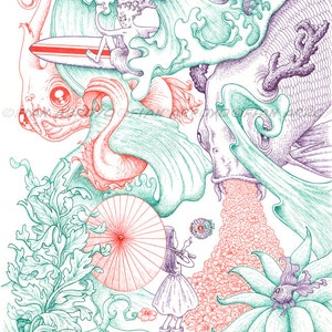 Fantasy, POP SURREALISM, Nautical, Marine Life, Lowbrow, Signed Fine Art PRINT, Fish, Surfer, by Fian Arroyo, Unframed, various sizes
