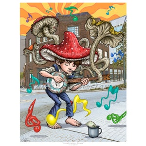 TRIPPY, ART, PRINT, Inner Cerebral Busker, Music, Banjo, Hillbilly, Mushrooms, Country, Psychedelia, Wall Decor, Various Sizes - Unframed