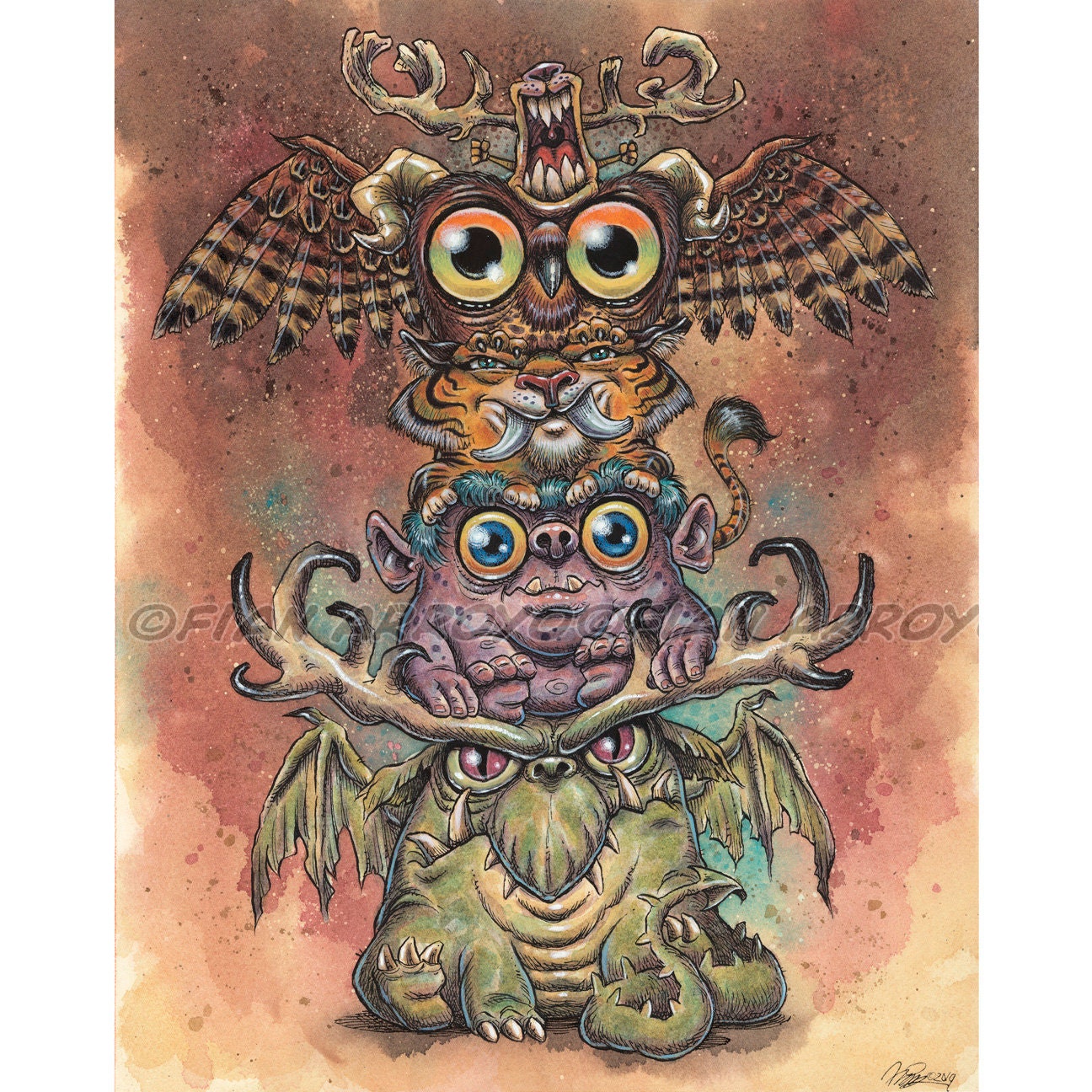 Fantasy Totem Giclee Print, Owl, Dragon, Monster Art, Signed