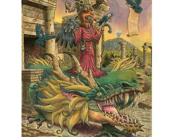 May include: A fantasy illustration of a woman with wings and a staff standing on a green dragon with yellow and gold mane. The woman is wearing a red robe and has a deer head. The dragon is in a ruined building with columns and a volcano in the background. The text "Council in the House of Tomorrow" is at the bottom of the image.