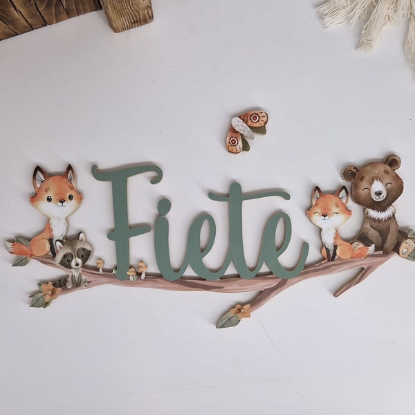 Türschild Waldtiere, Fuchs, Bär, Namensschild, Wald, Geburt, Taufe, Geschenk, personalisiert,  Kinderzimmer