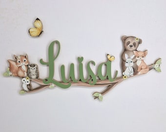 Personalisiertes Namensschild Waldtiere, Türschild für Kinderzimmer, Zimmertür, Geschenk zur Geburt oder Taufe, Holzschild, Babygeschenk