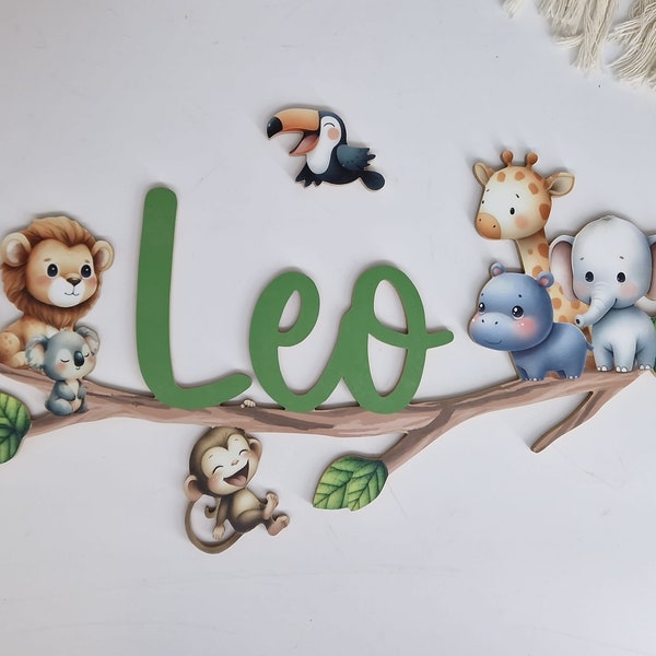 Türschild Safari Tiere, Löwe, Affe, Giraffe, Elefant, Namensschild, Dschungel, Geburt, Taufe, Geschenk, personalisiert,  Kinderzimmer