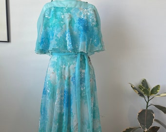 Ethereal original 70s vintage pastel blues floral dreamy dress S M