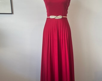 70s original vintage wine red pleated maxi cocktail dress S