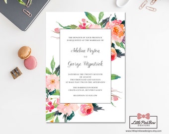 Watercolour Floral Printable Wedding Invitation, Printable Floral Watercolour Invite, Watercolour Wedding Invitation Printable, Floral