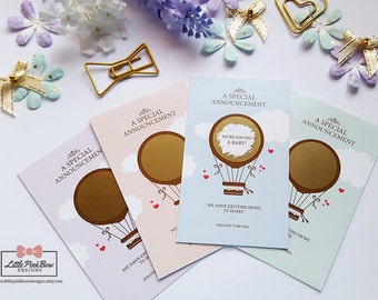 10 tarjetas para raspar con anuncios de embarazo, tarjeta para raspar con revelación de embarazo, globo aerostático, vamos a tener un bebé, anuncio de embarazo
