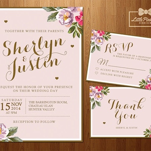 Floral rose or faire-part, RSVP, Merci carte imprimable Bundle, fard à joues Floral or mariage Invitation ensemble