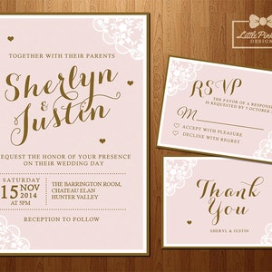 Rose dentelle d’or mariage Invitation, RSVP, Merci carte imprimable Bundle, fard à joues ensemble d’Invitation de mariage en or