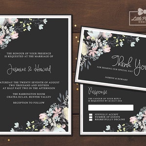 Tableau Floral mariage Invitation, RSVP, Merci carte mariage imprimable jeu, Invitation de mariage Floral Pastel, tableau noir mariage