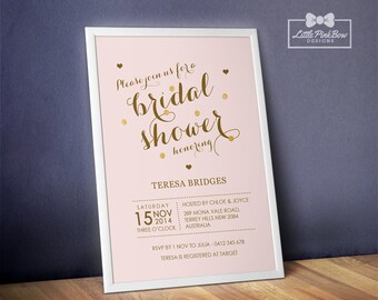 Pink Gold Bridal Shower Invitation Printable, Blush Gold Bridal Shower Printable Invitation