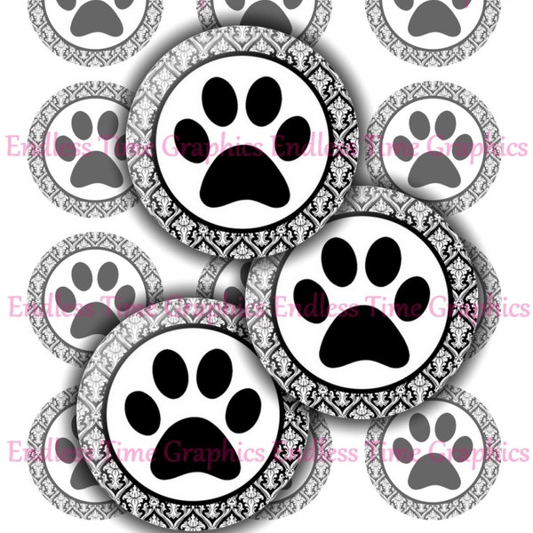 Paw Print Bottle Cap Images ~*DIGITAL*~ Black Puppy Pawy Prints ~*Digital Collage Sheet*~ 1 Inch Printable Circles 194