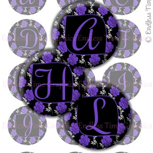 Alphabet Bottle Cap Images ~*DIGITAL*~ Full Alphabet on Purple Floral Background ~*Digital Collage Sheet*~ 1 Inch Printable Circles 180
