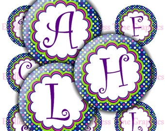 Obrazy nakrętek od butelek z alfabetem: drukowane kółka w kropki (arkusz kolażu cyfrowego)