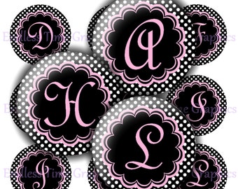 Alphabet Bottle Cap Images, Black Polka Dot (Digital Collage Sheet)